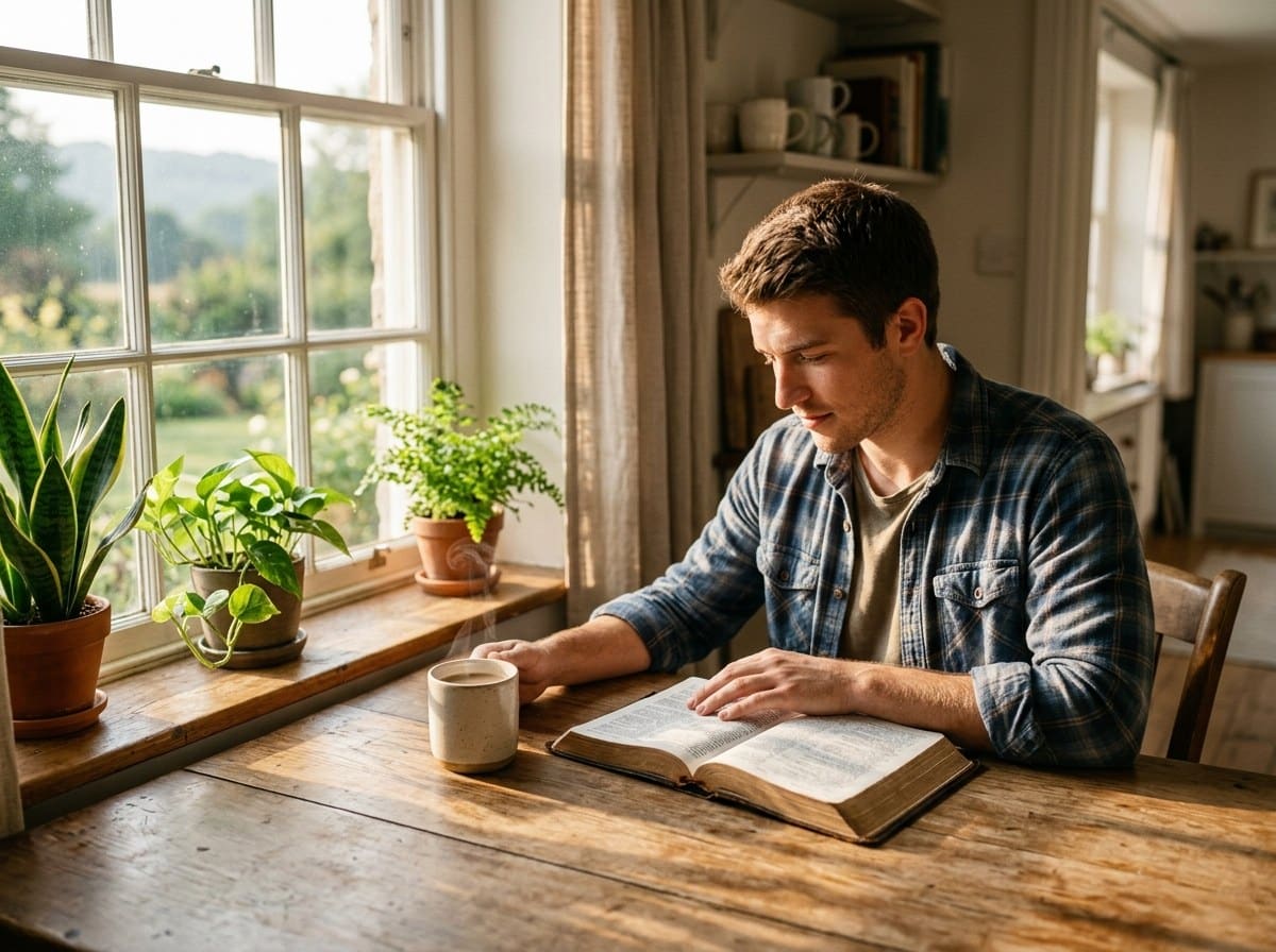 A young man reading his Bible at a sunlit kitchen table in the morning
