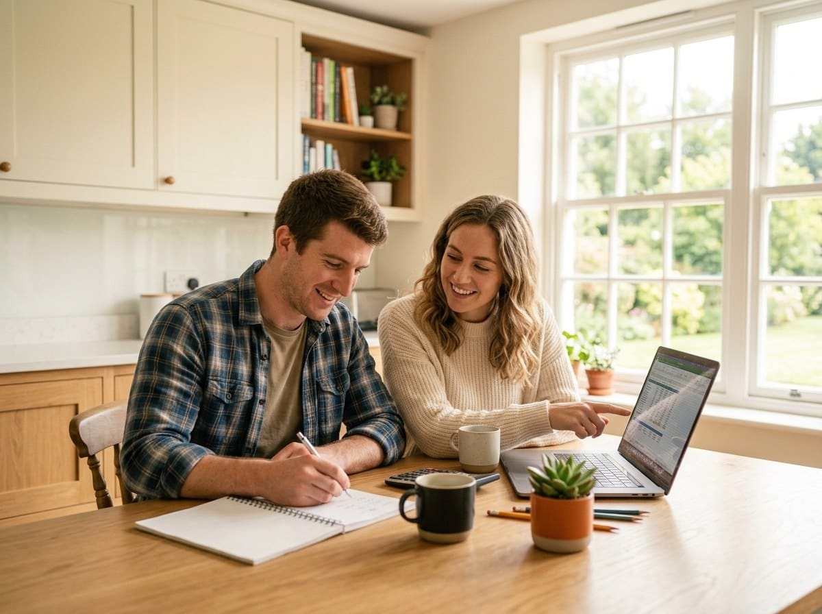 A young couple planning their budget together at a bright kitchen table